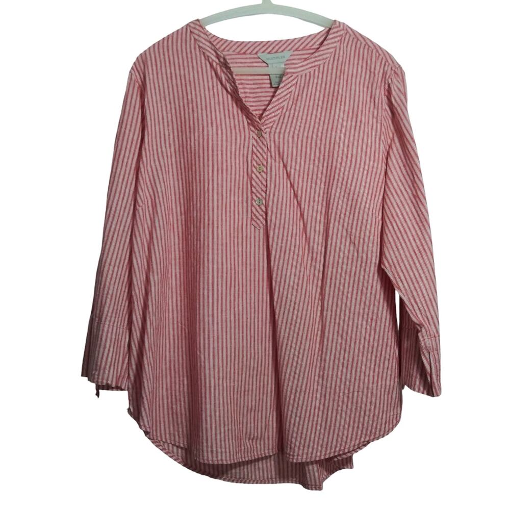 Multiples Linen Blend Striped Print Band Collar 3/4 Roll-Tab Sleeve Top Size L